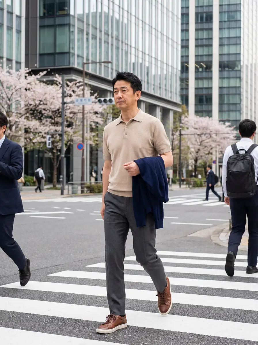 25℃前後の春、半袖ポロシャツで整って通勤する男性