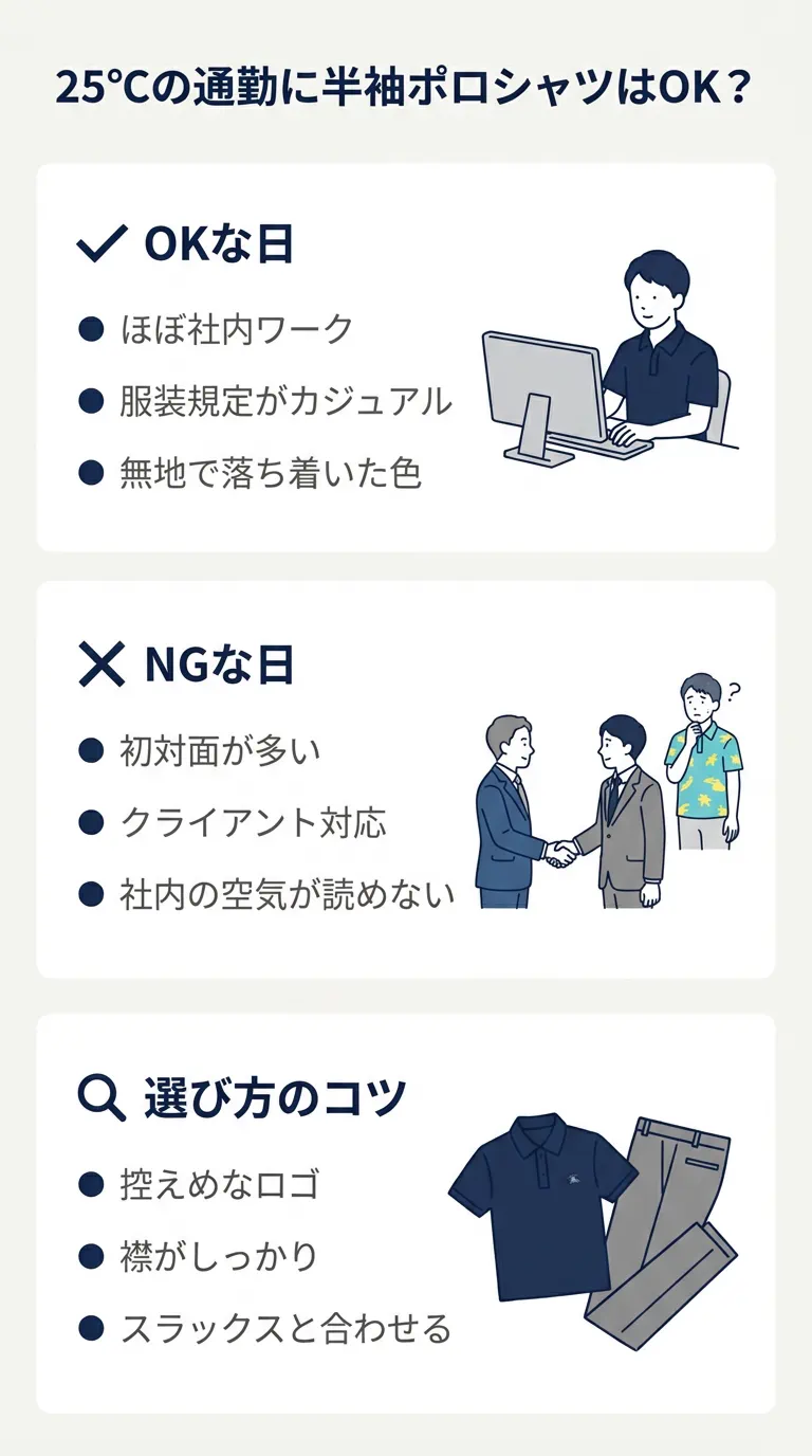 25℃の日に半袖ポロシャツがありな日と避けたい日をまとめた通勤インフォグラフィック