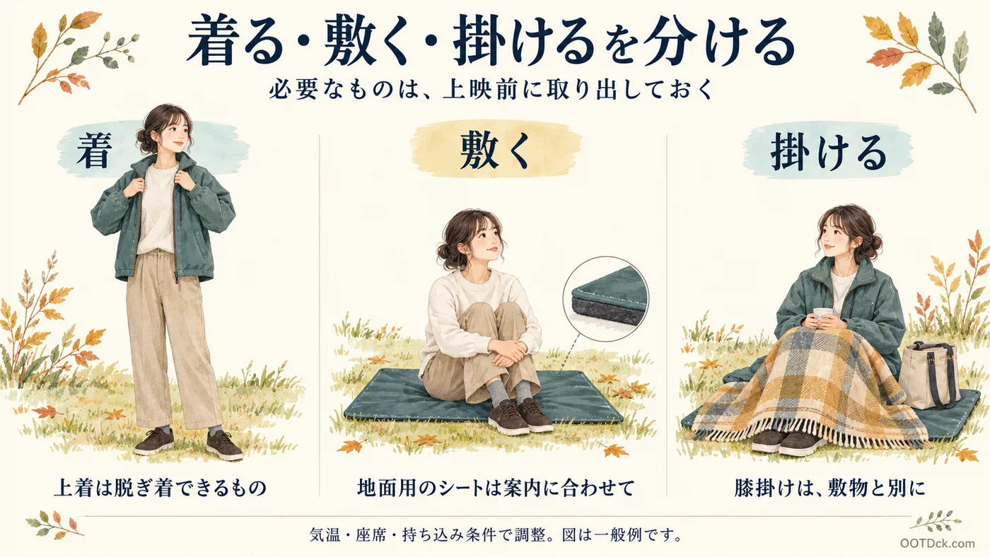 野外映画で着る上着、地面に敷くシート、膝に掛けるブランケットを分けて準備し、上映前に取り出せる位置へ入れる例