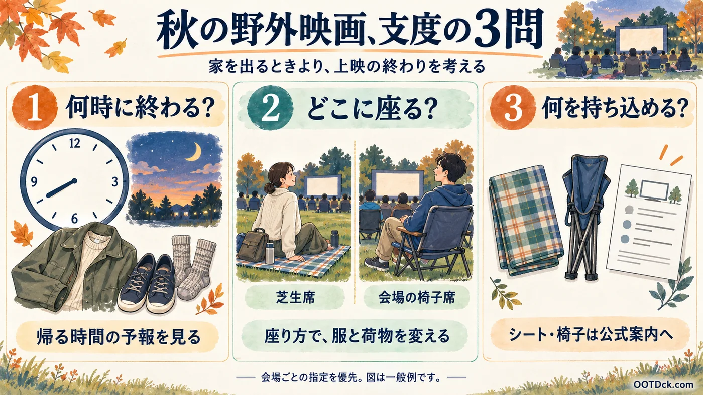 秋の野外映画へ行く前に、上映終了時刻の予報、芝生席か椅子席か、椅子とシートの持ち込み案内を確認する三つの準備