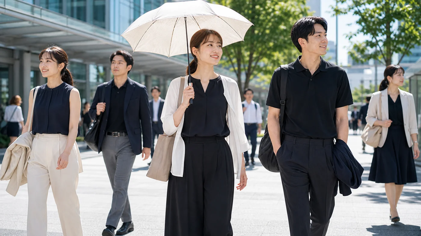 夏の通勤で黒い服を白やベージュと合わせる社会人のオフィスカジュアル