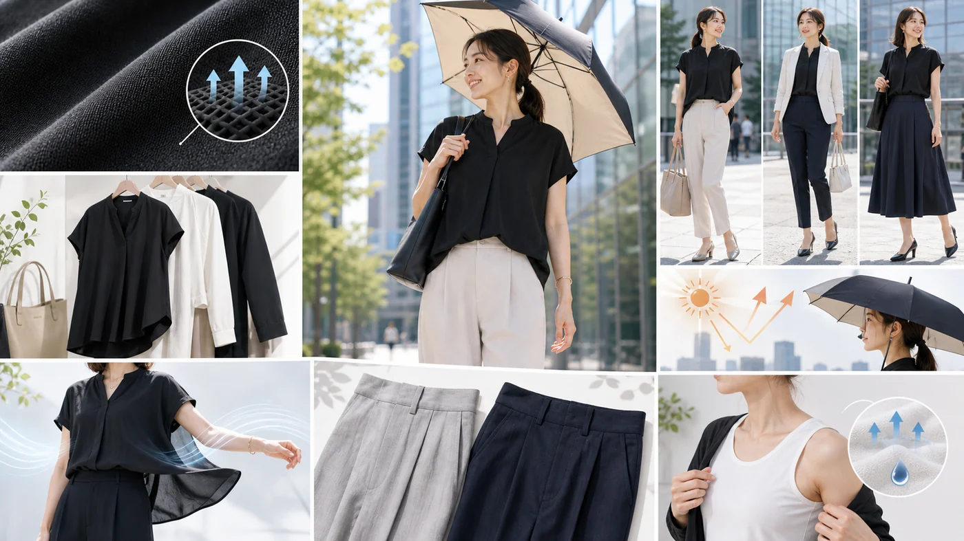 夏の黒い服を涼しく見せる素材、日傘、白ボトム、インナーの判断ガイド