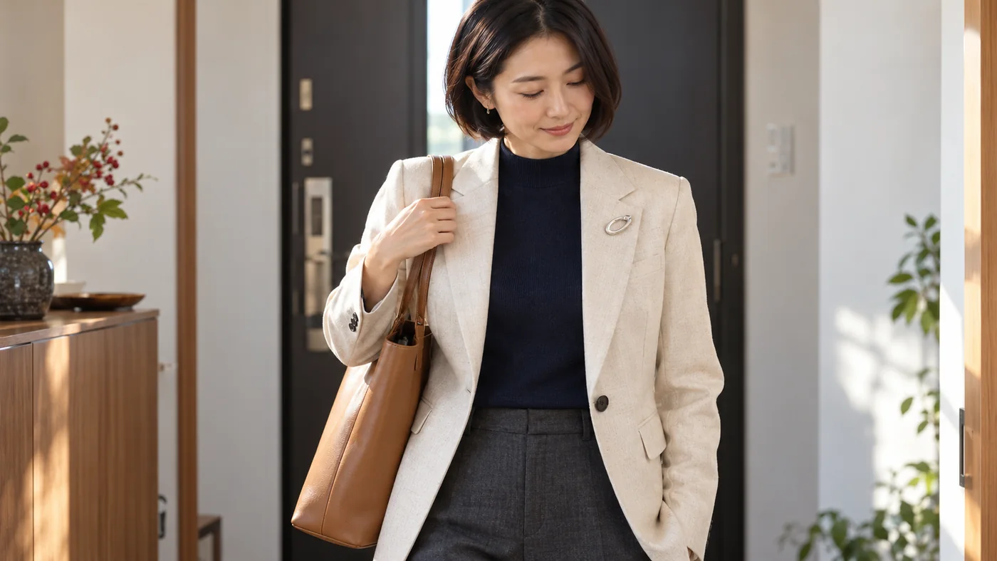 アイボリーのジャケットの左ラペルに銀色のブローチをつけ、反対側の肩に通勤トートを掛けて位置を確かめる女性のAI生成例