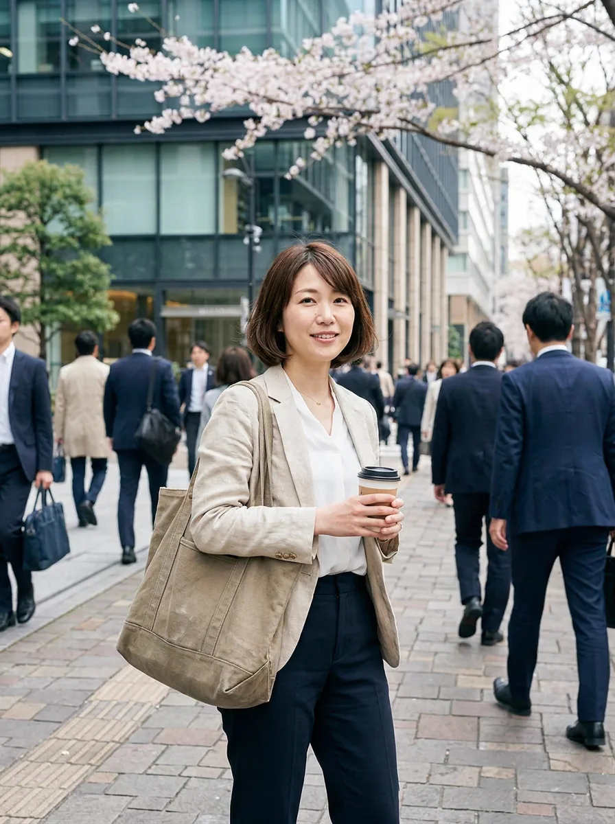 物価高の春でも、清潔感のあるオフィスカジュアルで通勤する日本の女性