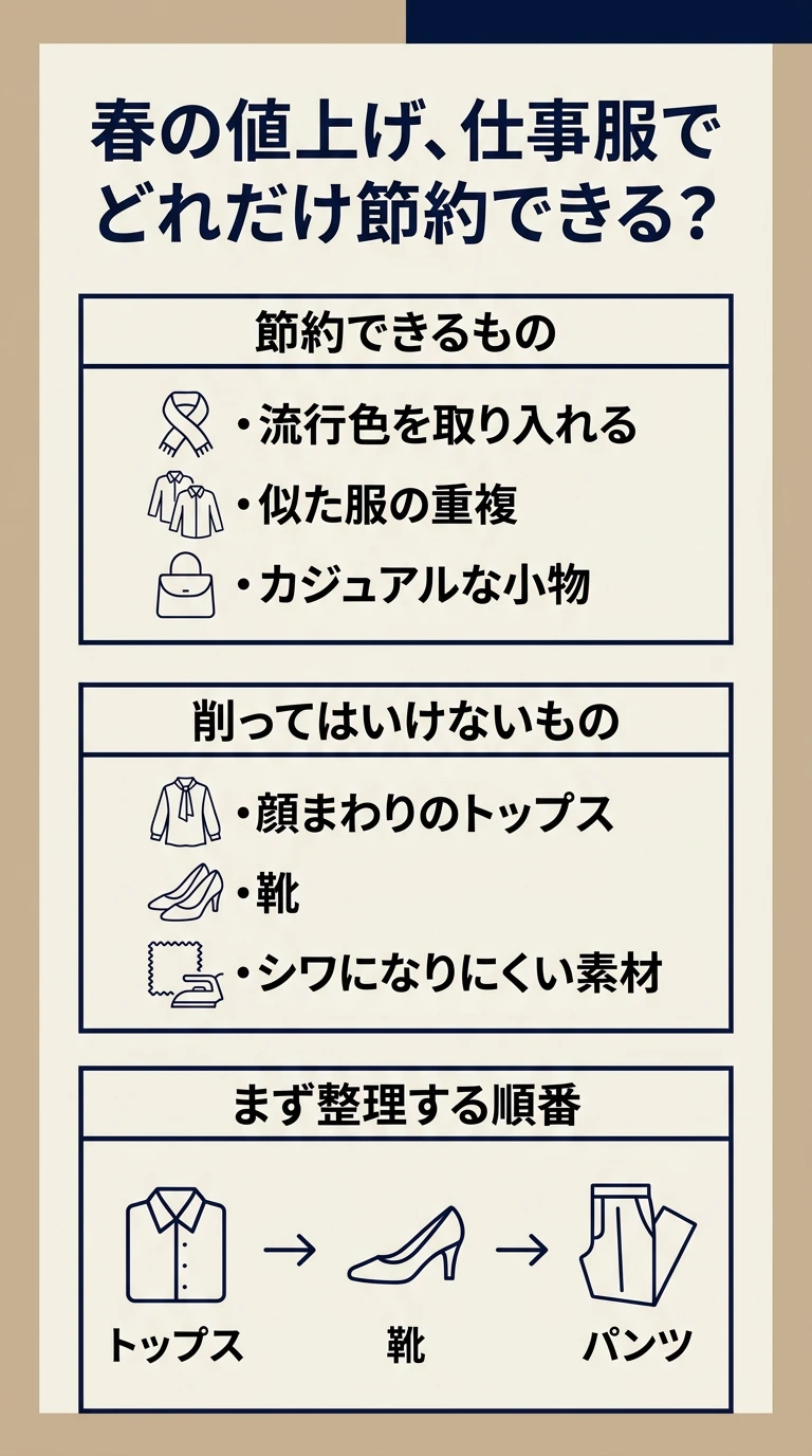 物価高の春に、通勤服で節約してよい部分と削ってはいけない部分を整理した図