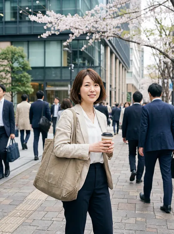 春のオフィス街で、節約を意識しながらもきれいめに通勤する日本の女性