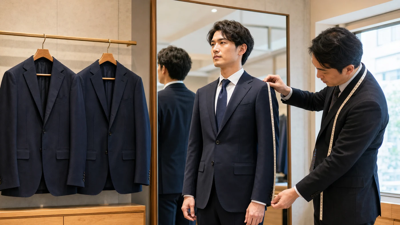 紺のビジネススーツを着た日本の会社員がテーラーに肩と袖を採寸してもらう様子
