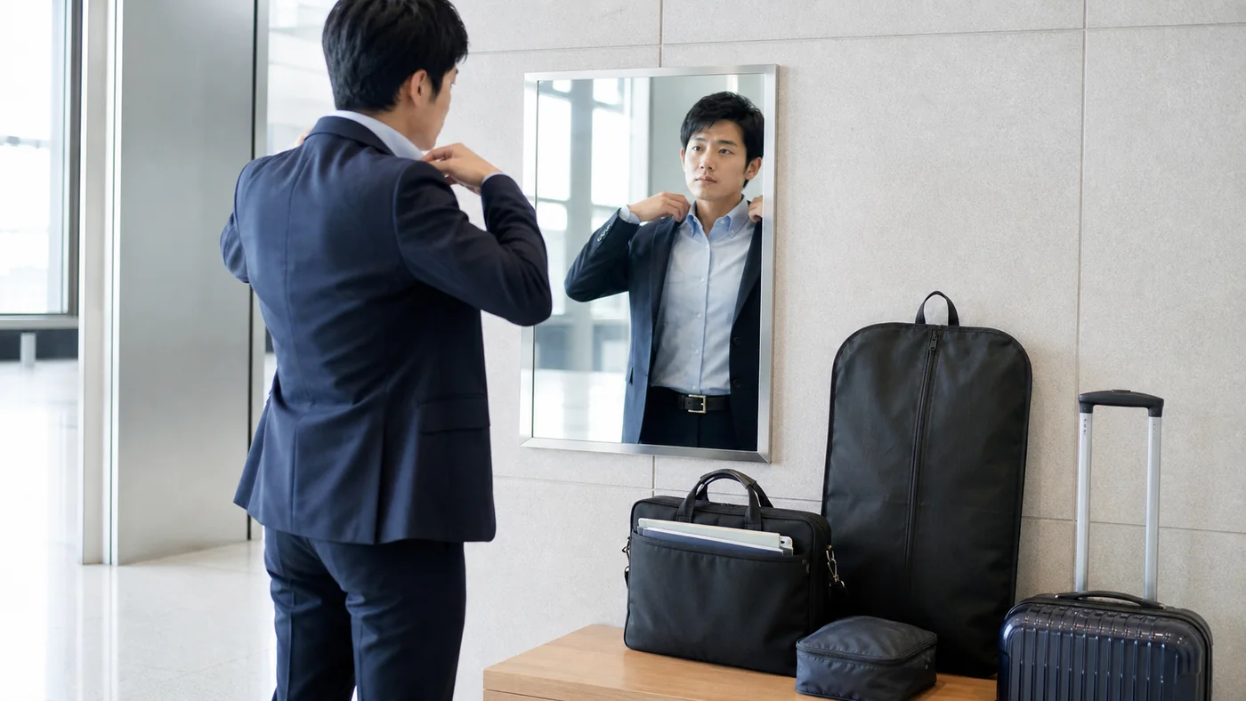到着した駅の身支度スペースでガーメントケースからネイビージャケットを出して襟を整える日本人出張者と仕事鞄