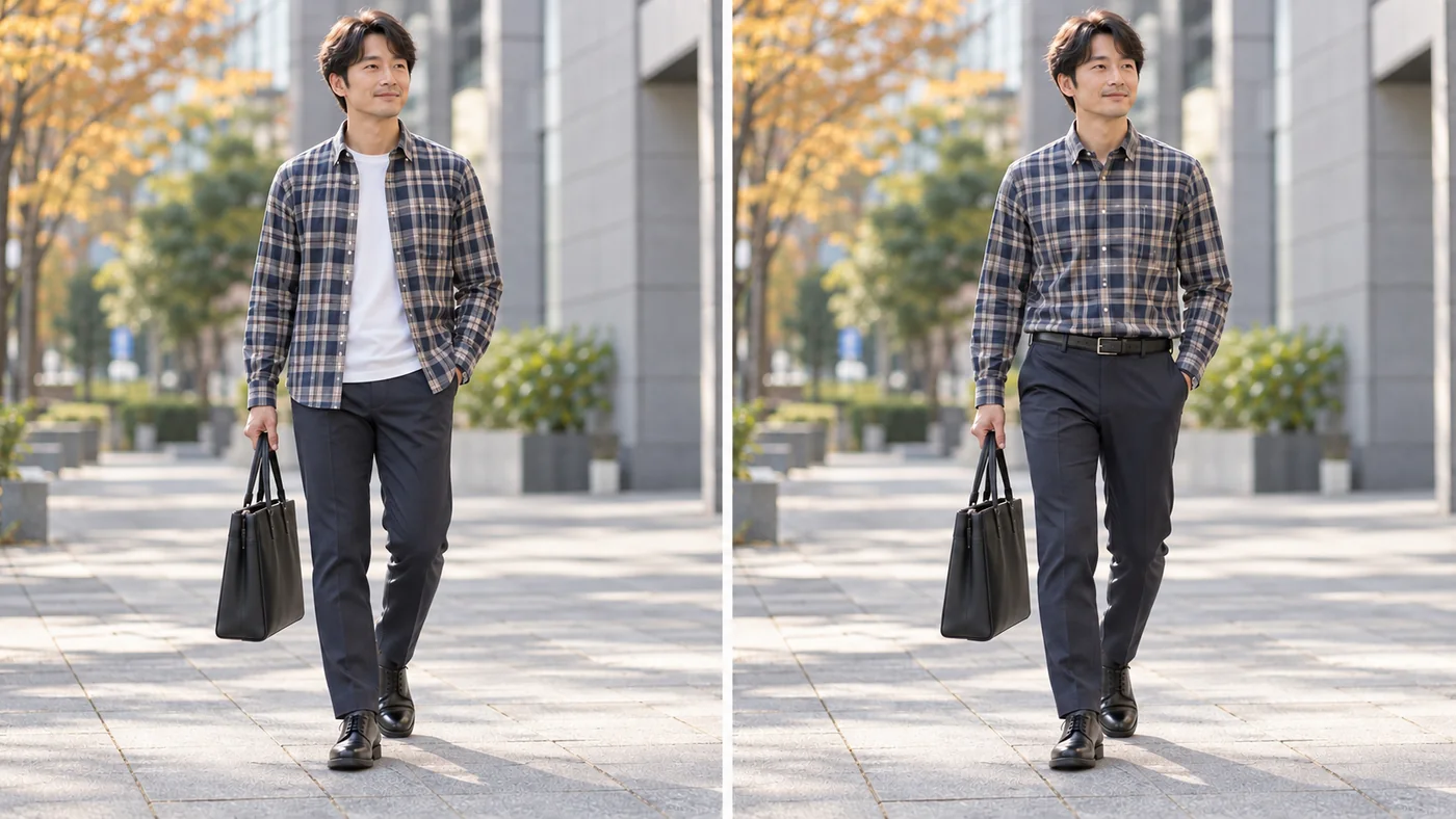 同じチェックシャツと紺のパンツで、白いTシャツへ前を開けて羽織る姿と、前を閉じて裾を入れる姿を比較した着こなし例
