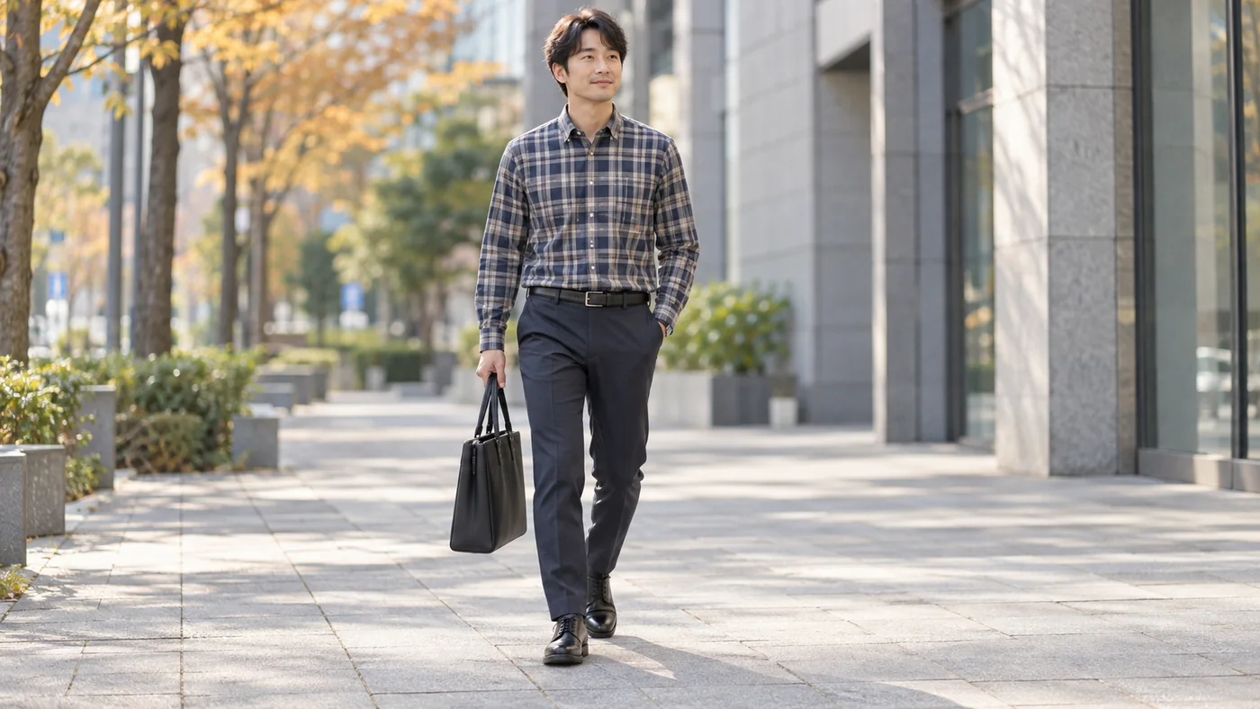 落ち着いた紺とベージュのチェックシャツを紺のスラックスに入れ、黒い仕事靴とバッグを合わせた秋の通勤コーデ例
