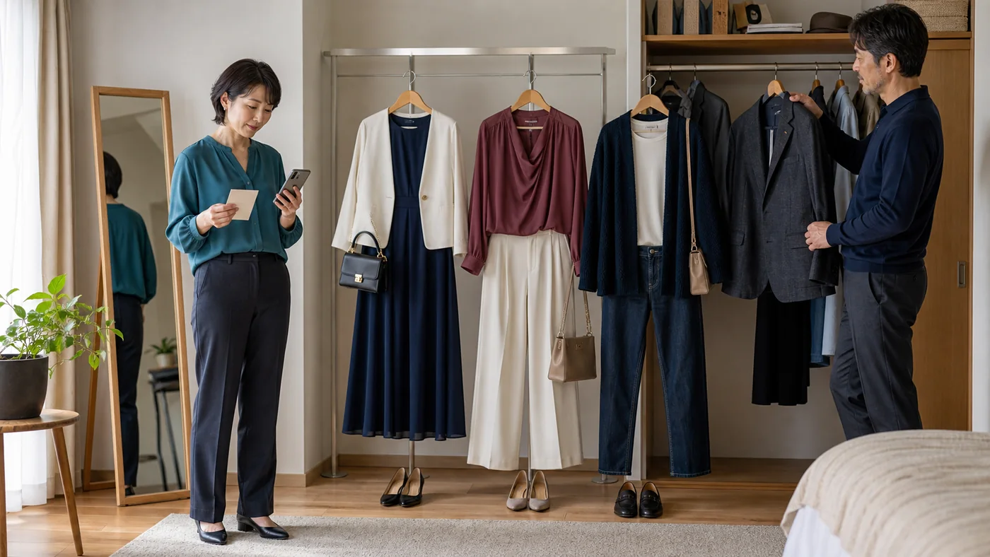 日本の自宅で、40代の男女が同窓会の案内を確認し、ホテル用のネイビーワンピースと白ジャケット、レストラン用ブラウスとパンツ、居酒屋用の濃色デニムとニット、男性用ジャケットを並べる様子
