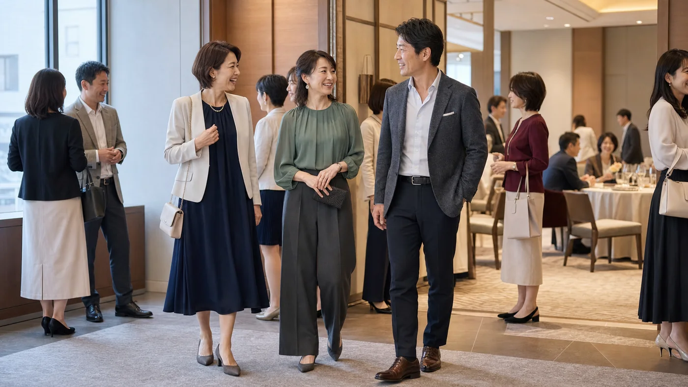 東京の上品なホテル宴会場の入口で、ネイビーワンピースと薄手ジャケット、くすみグリーンのブラウスとチャコールパンツ、ジャケットと濃色パンツを着た40代の日本人同級生が再会する様子