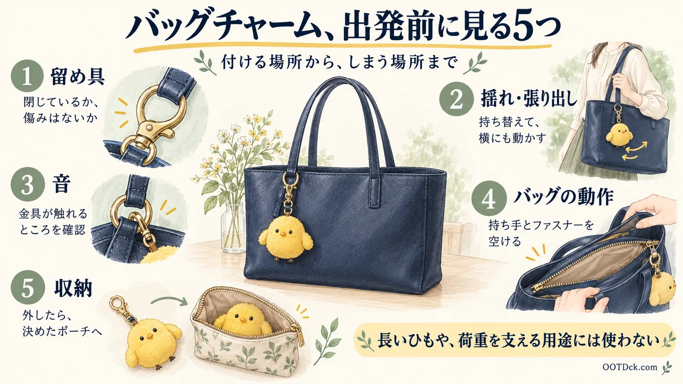 バッグチャームの留め具、揺れと張り出し、金具音、持ち手とファスナー、外した後の収納を確認する5項目のガイド