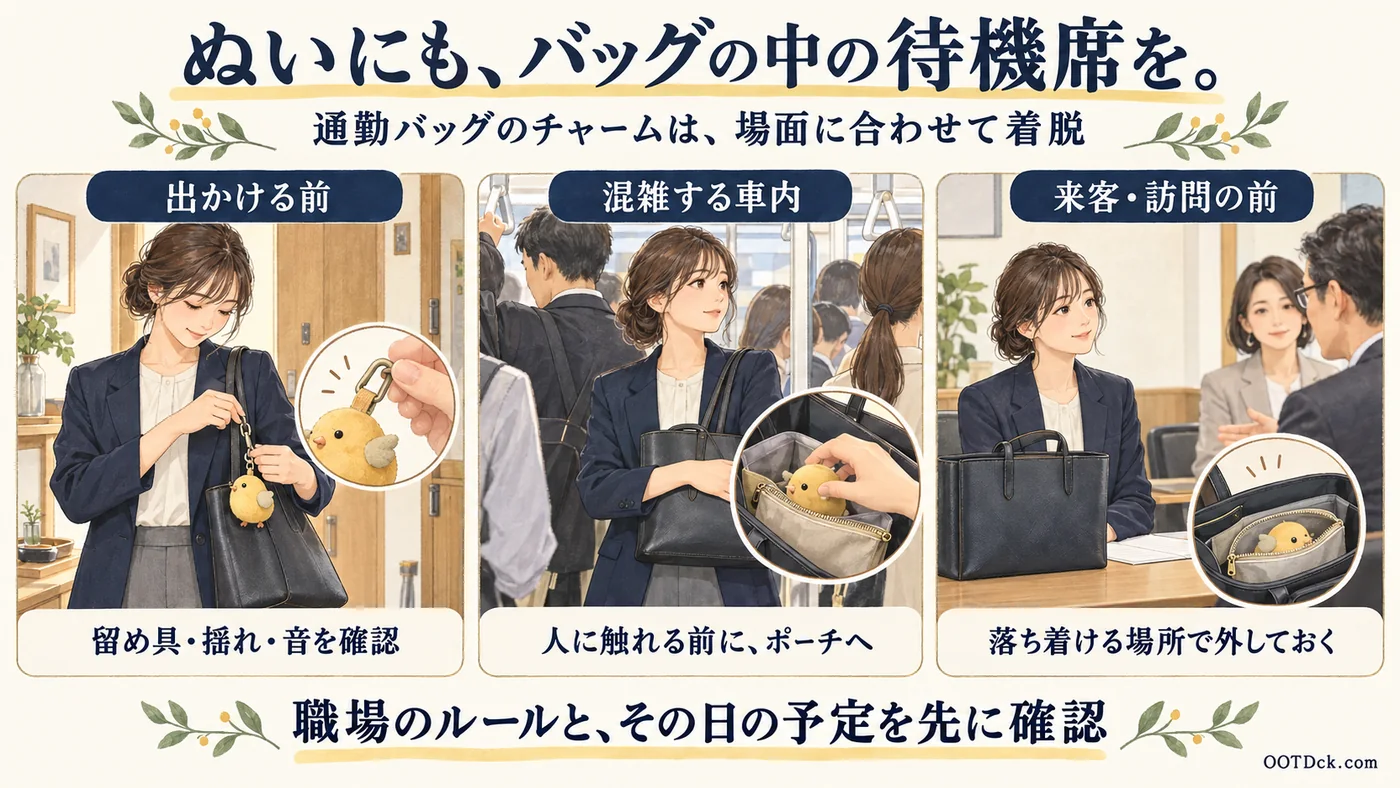 出発前、混雑する電車、来客や訪問の前に、小さなぬいぐるみチャームを確認してバッグ内のポーチへしまう3場面のイラスト