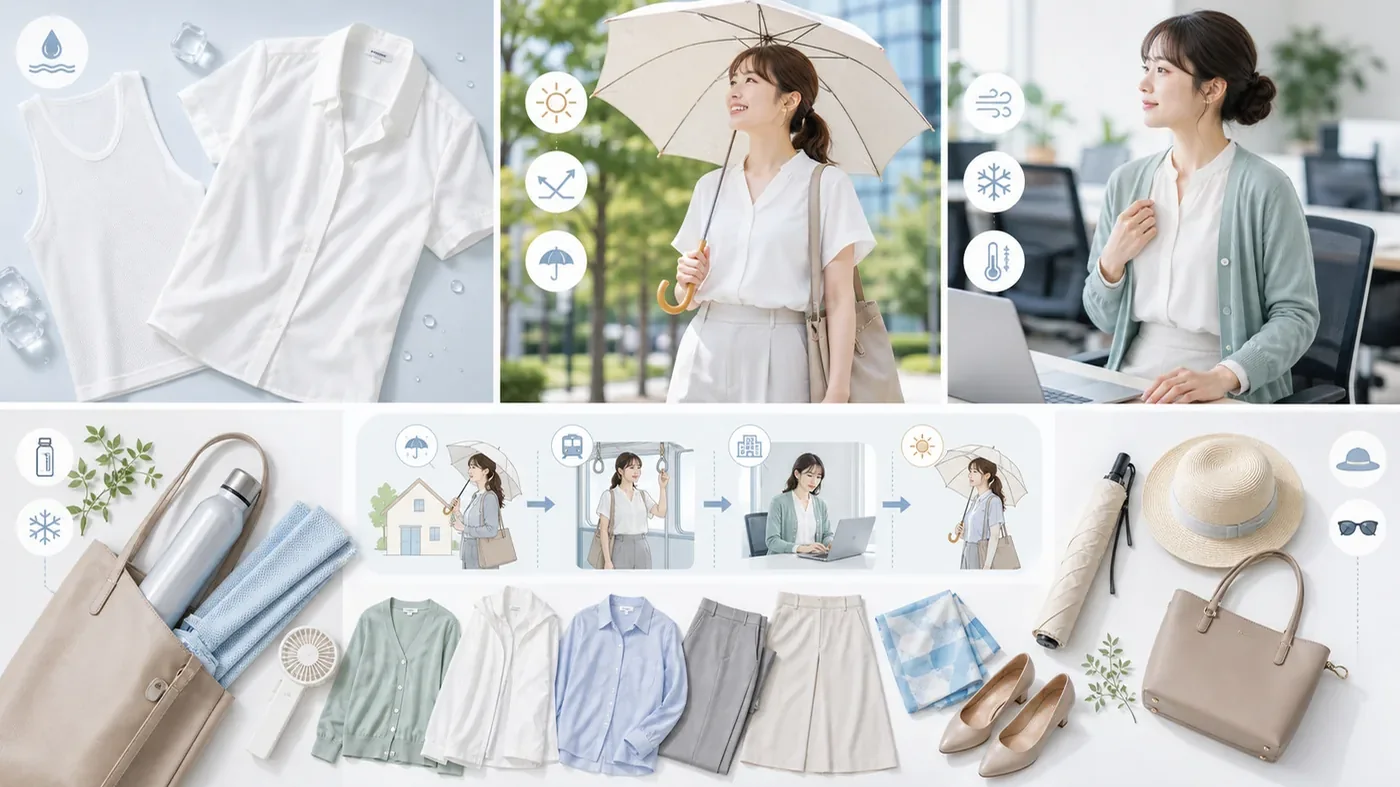 夏の通勤暑さ対策としてインナー、日傘、冷房対策、保冷ボトル、冷感タオルを整理した画像