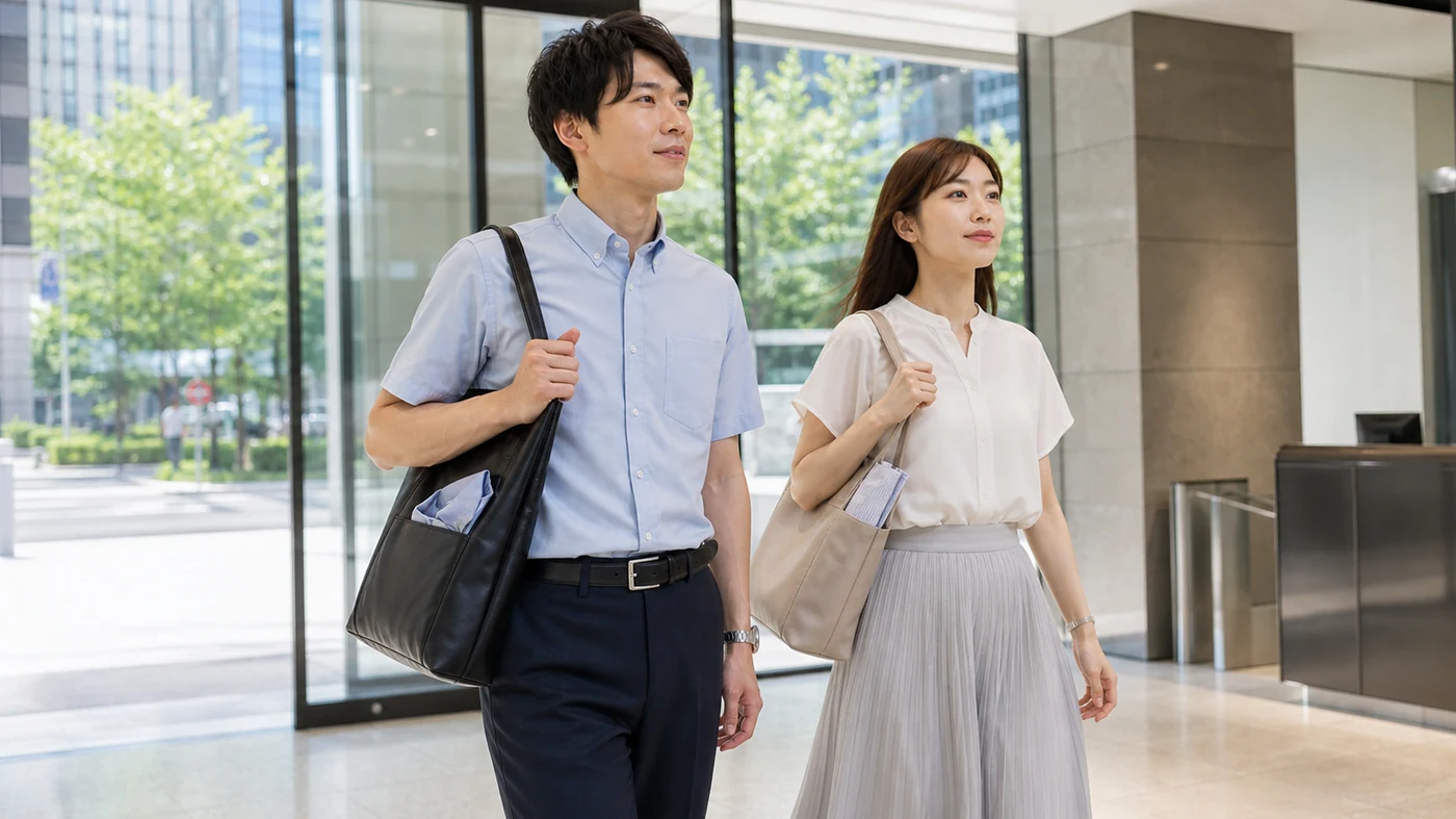 夏の朝に替えシャツをバッグに入れて出社する日本の通勤者