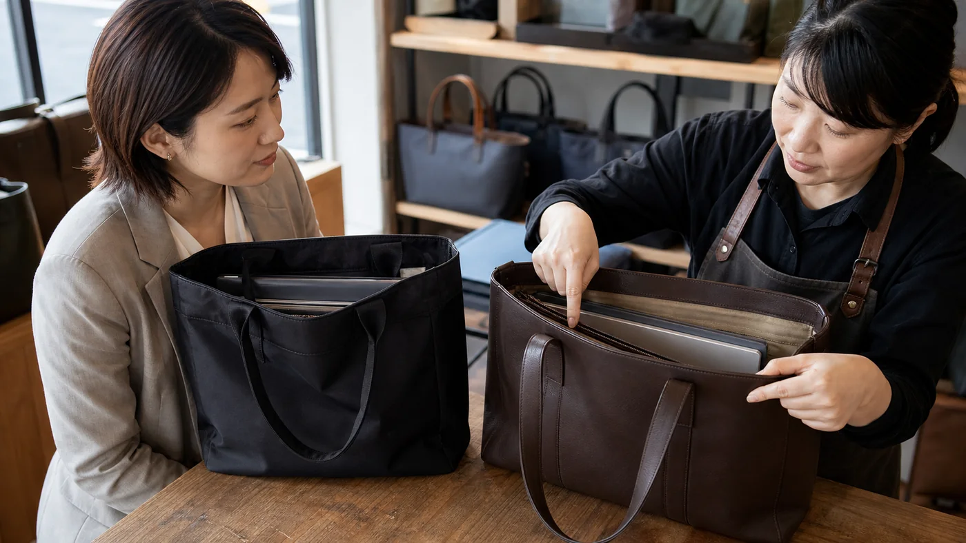 日本の鞄店で5千円前後の黒い合成繊維トートと5万円前後の茶色い革トートにPCを入れ持ち手の根元と内装を比較する会社員と鞄職人