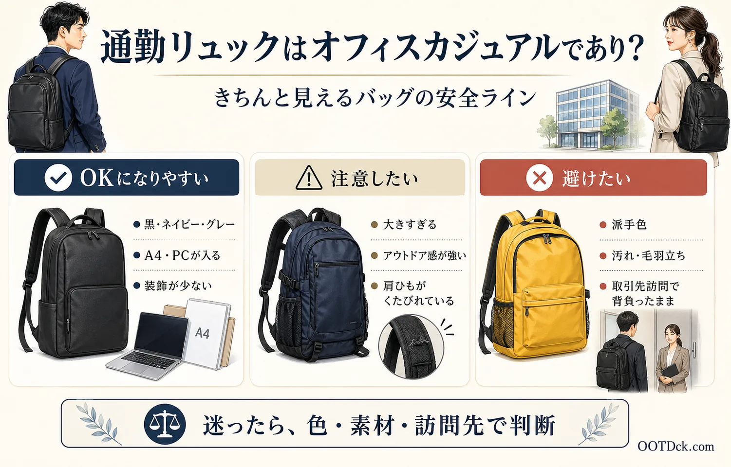 通勤リュックはオフィスカジュアルでありか、OKになりやすいリュックと避けたいリュックをまとめたインフォグラフィック