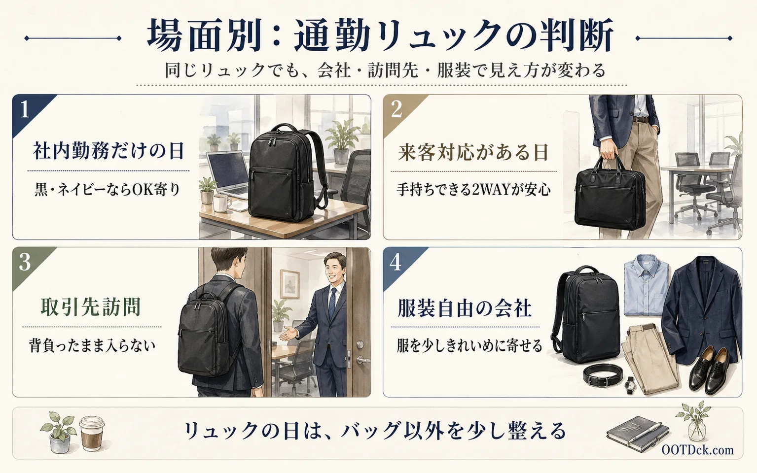 社内勤務、来客対応、取引先訪問、服装自由の会社で通勤リュックをどう判断するかをまとめたインフォグラフィック