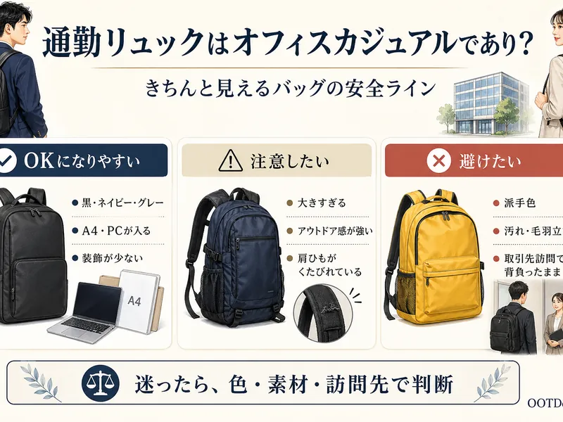 通勤リュックがオフィスカジュアルで浮かない安全ラインをまとめたインフォグラフィック