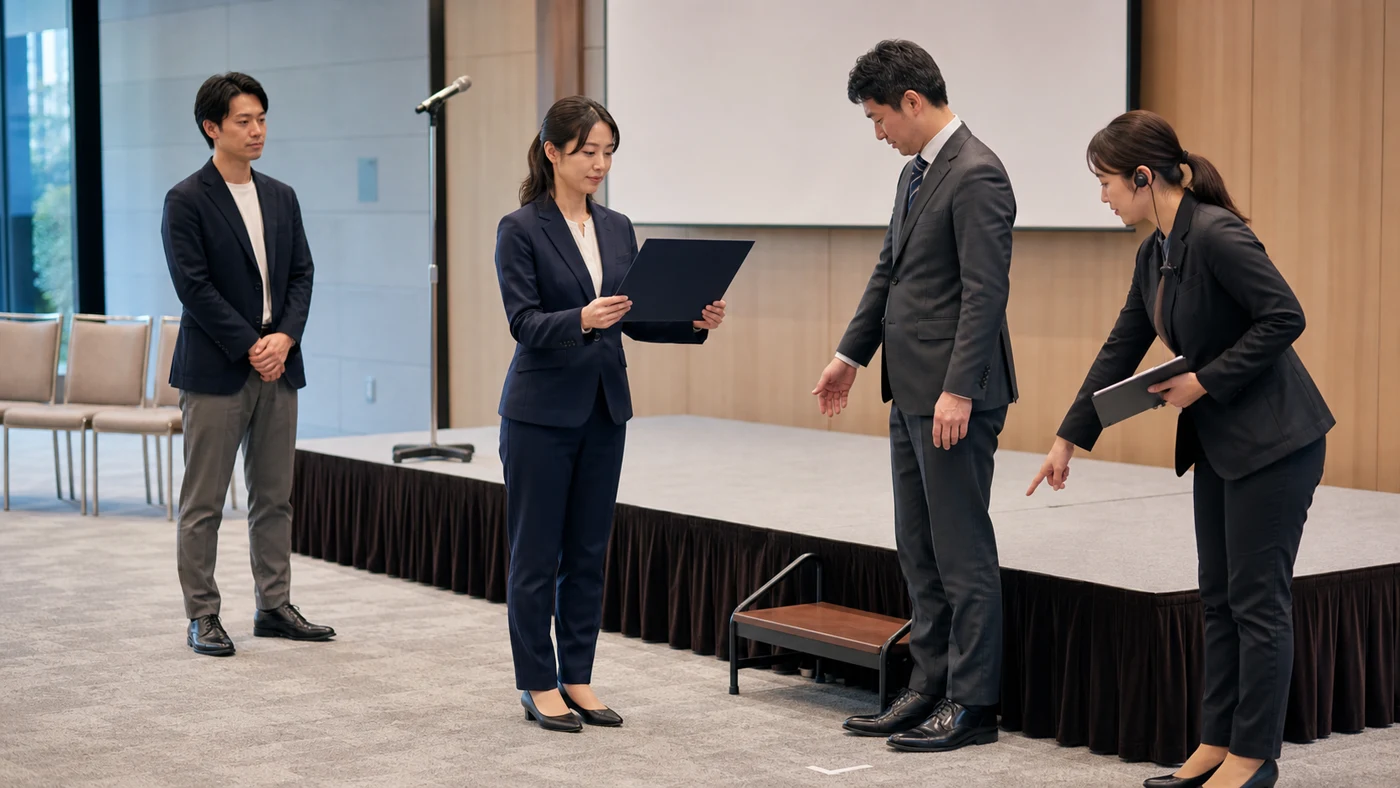 社内表彰式の会場で受賞者とプレゼンターと運営スタッフが登壇動線を確認するリハーサル