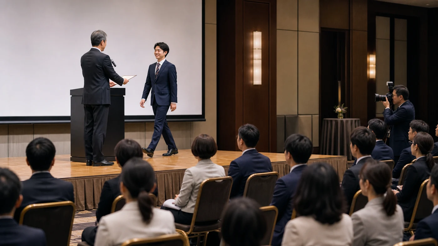 ホテル会場の社内表彰式で日本の会社員がステージへ上がり賞状を受け取る場面