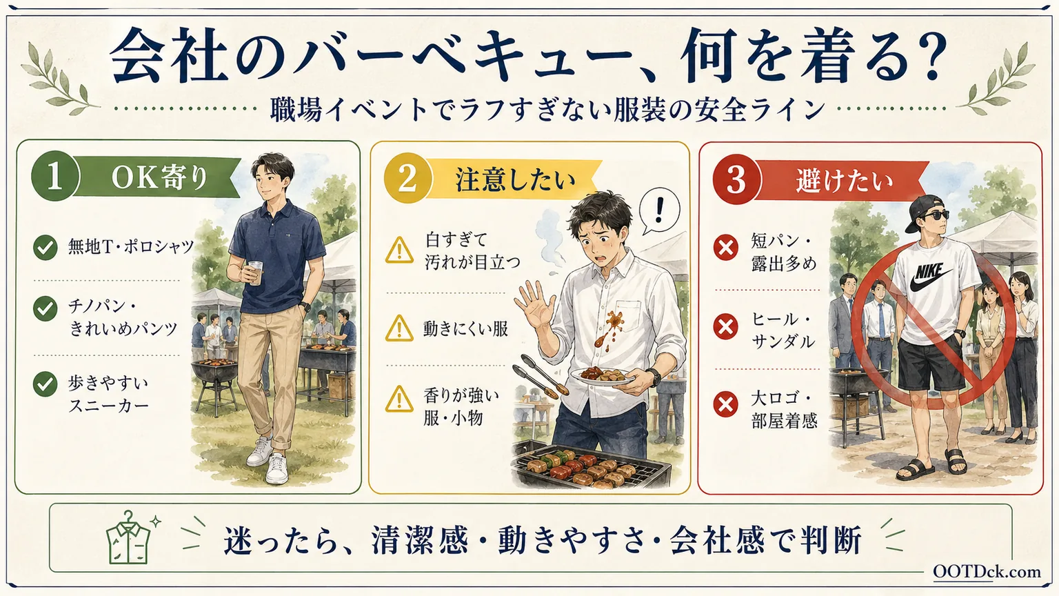 会社のバーベキューで何を着るか、OK寄りと避けたい服装をまとめたインフォグラフィック