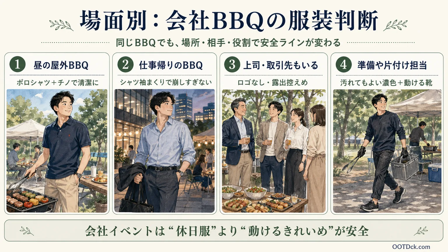 昼の屋外BBQ、仕事帰り、上司や取引先がいる日、準備担当で会社BBQの服装を判断するインフォグラフィック