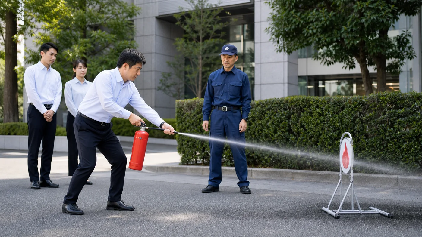 屋外の会社防災訓練で指導員のもと訓練用消火器を扱う日本人会社員