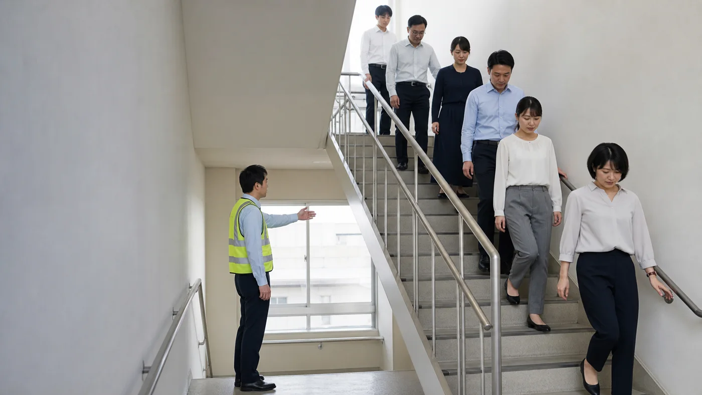 会社の防災訓練で安定した靴を履き階段を落ち着いて下りる日本人会社員