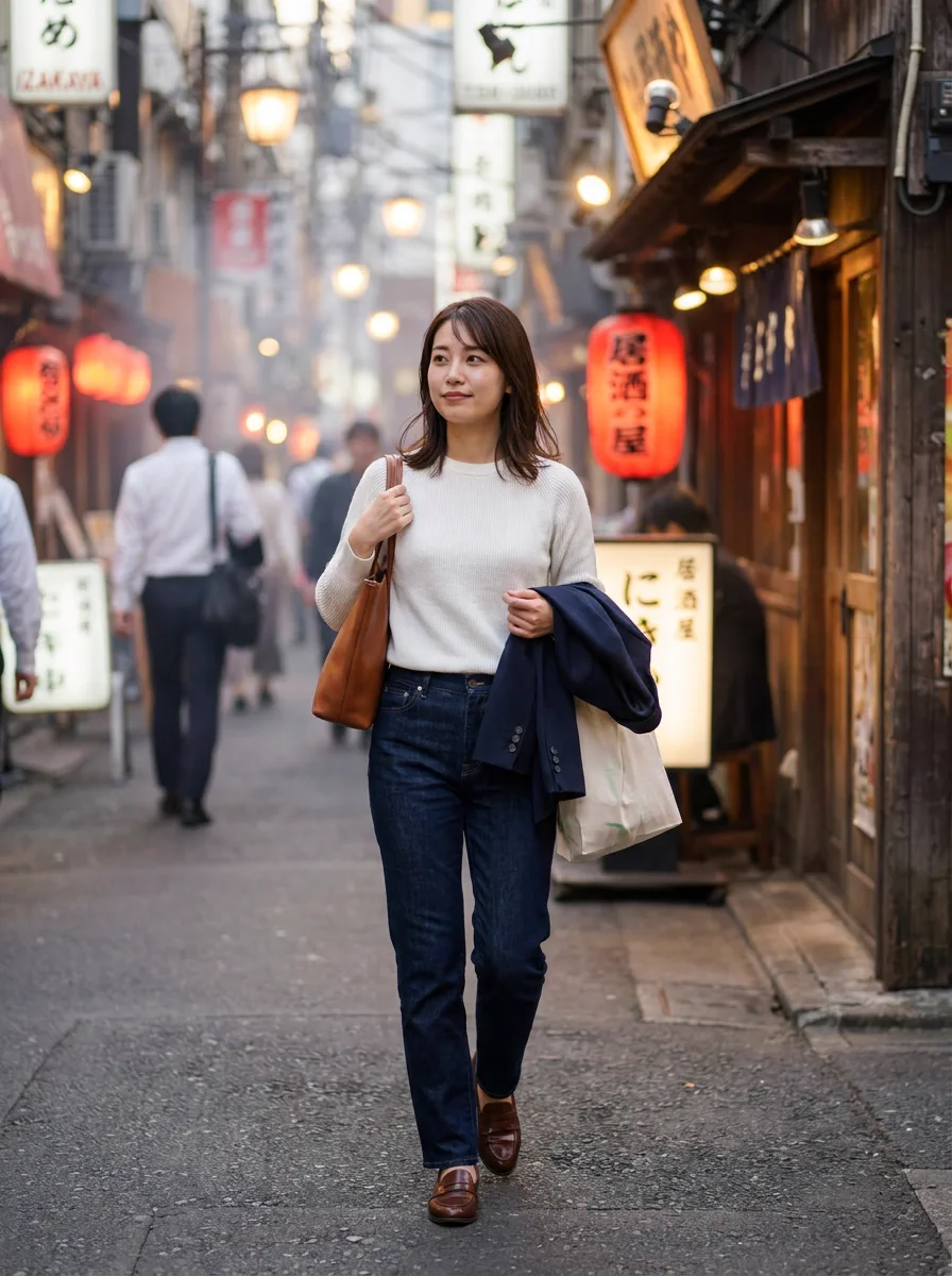 会社の飲み会へ向かう新入社員が、濃色デニムをきれいめに合わせたコーデ