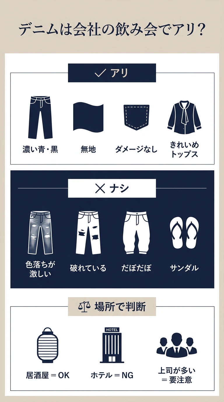 会社の飲み会でデニムを選ぶときのOK・NG判断をまとめた図