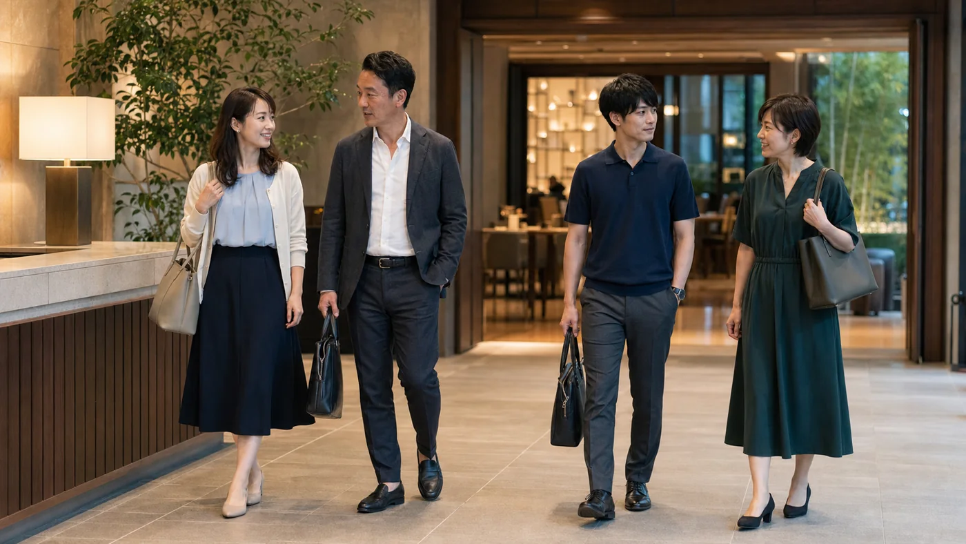 ホテルレストランの会社送別会へ向かう夏のオフィスカジュアル姿の会社員