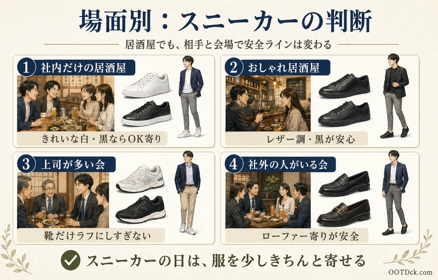 会社の飲み会でスニーカーを履くかを、社内だけの居酒屋、おしゃれ居酒屋、上司が多い会、社外の人がいる会に分けてまとめたインフォグラフィック