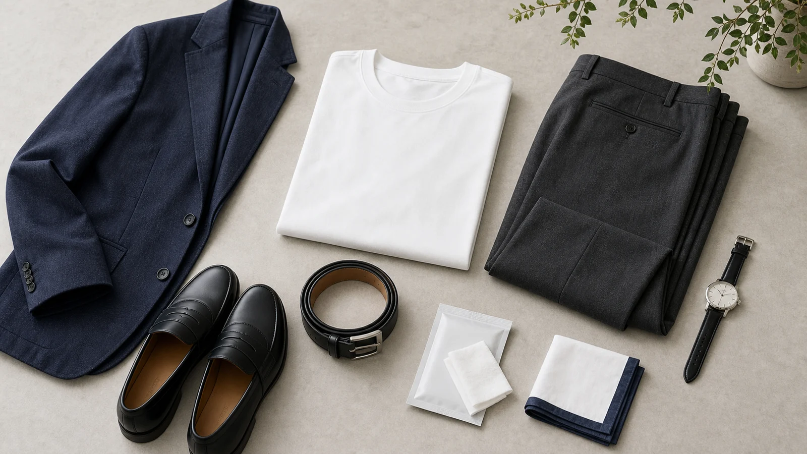 無地Tシャツ、ネイビージャケット、スラックス、ローファーの会社飲み会向け服装アイテム