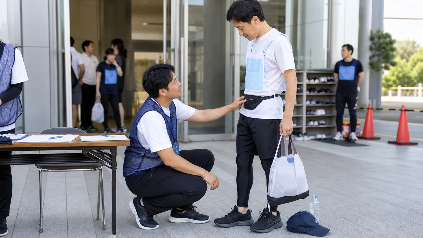 日本の会社運動会の受付で運営担当が参加者のビブス、運動靴、屋内シューズ袋、小型ポーチ、帽子を確認する様子
