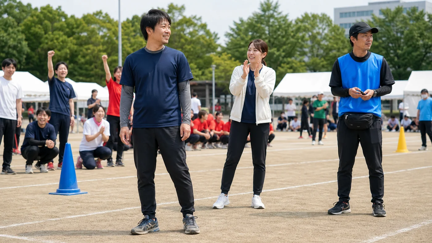 日本の会社運動会で速乾インナーとチームTシャツに運動用パンツを着た競技参加者、羽織りとスニーカーの応援者、ベストと小型ポーチの運営担当