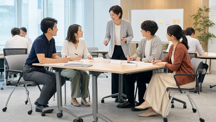 服装自由の会社研修でオフィスカジュアルを着てグループワークをする日本の会社員