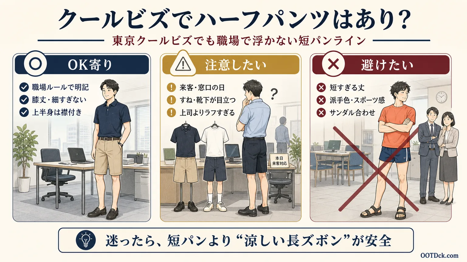 クールビズでハーフパンツはありか、東京クールビズでも職場で浮かない短パンラインをまとめたインフォグラフィック