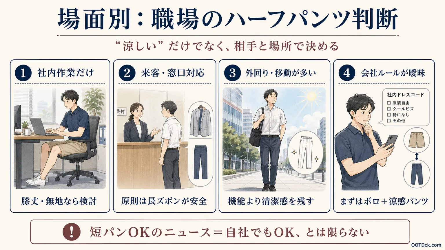 社内作業、来客や窓口対応、外回り、会社ルールが曖昧な日に職場のハーフパンツを判断するインフォグラフィック