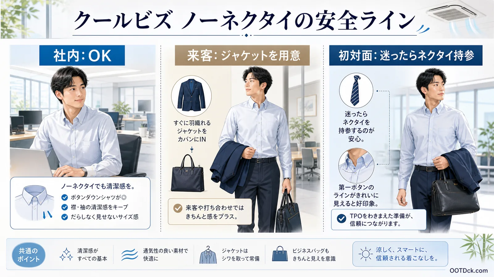 クールビズでノーネクタイが失礼に見えない安全ラインを社内、来客、初対面に分けてまとめたインフォグラフィック