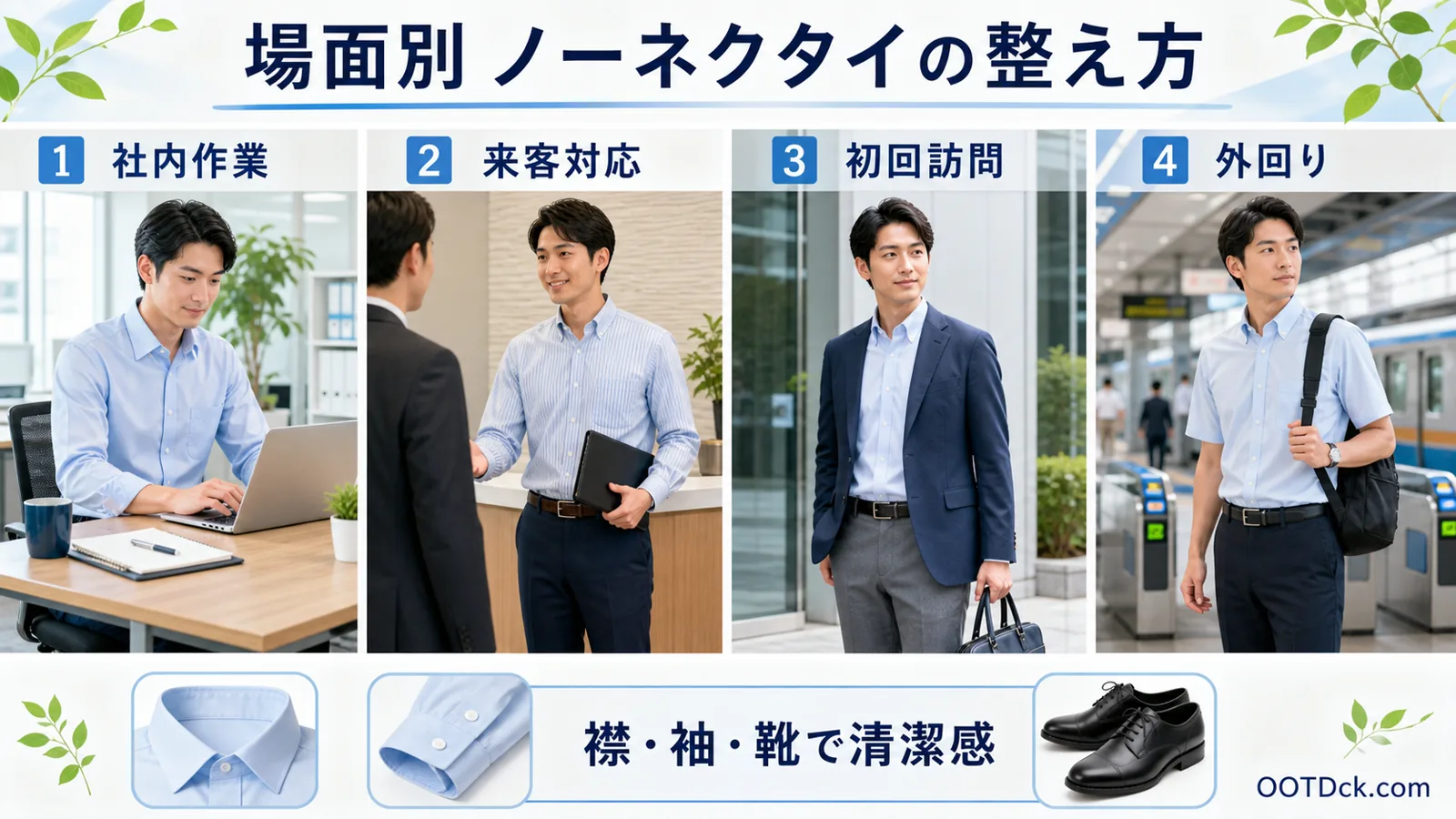 社内作業、来客対応、初回訪問、外回りでノーネクタイを整える方法をまとめたインフォグラフィック
