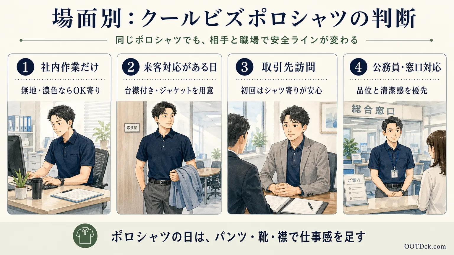 社内作業、来客対応、取引先訪問、公務員や窓口対応でクールビズポロシャツをどう判断するかをまとめたインフォグラフィック