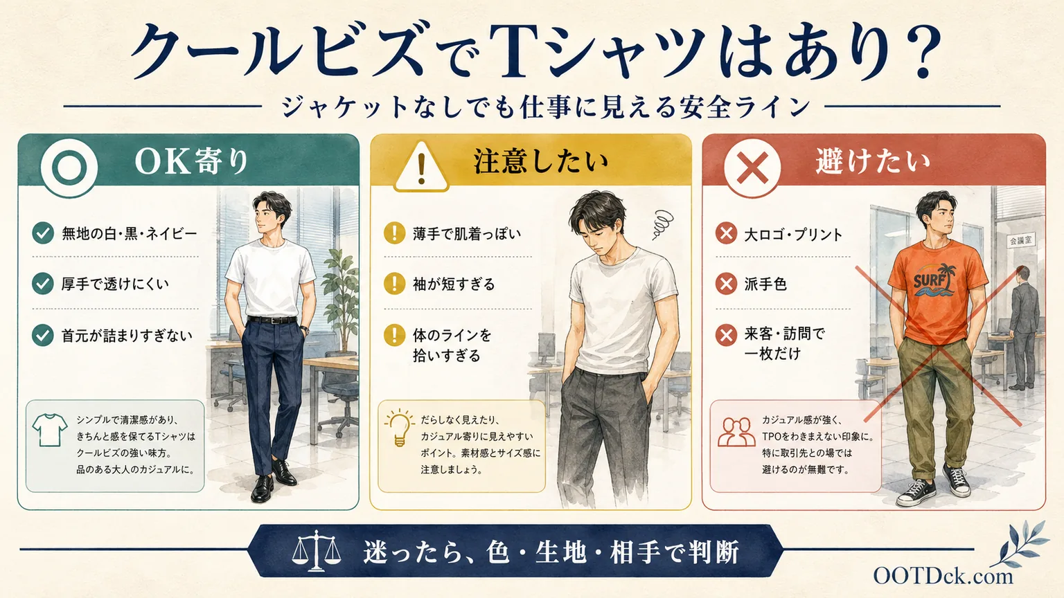 クールビズでTシャツはありか、OK寄りと避けたいTシャツの境界線をまとめたインフォグラフィック