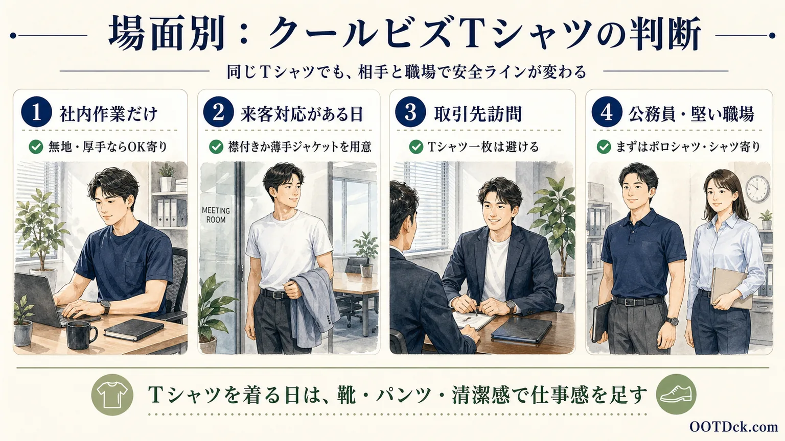 社内作業、来客対応、取引先訪問、公務員や堅い職場でクールビズTシャツをどう判断するかをまとめたインフォグラフィック
