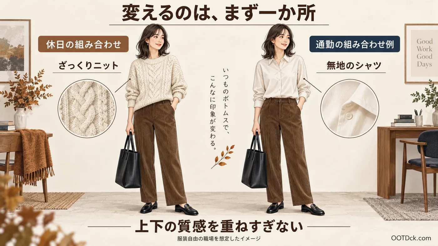 同じコーデュロイパンツ、靴、バッグのまま、ざっくりニットを無地のシャツへ替えて上下の質感を比べる例
