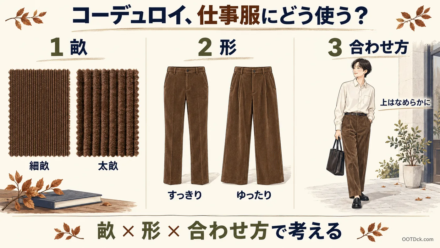 コーデュロイの細畝と太畝、すっきりした形とゆったりした形、無地のシャツとの組み合わせを比べる三つの視点