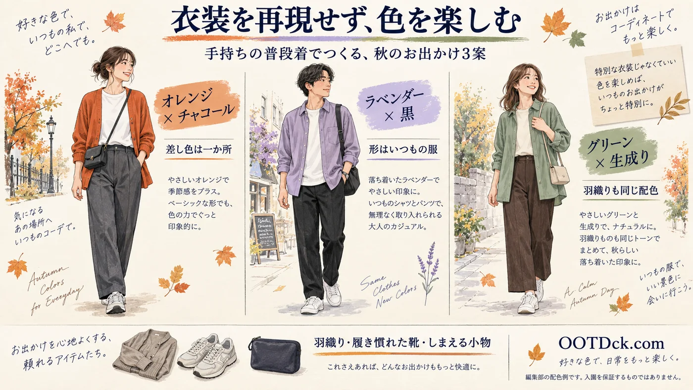 オレンジとチャコール、ラベンダーと黒、グリーンと生成りを普段着に取り入れた3つの大人向けコーディネート