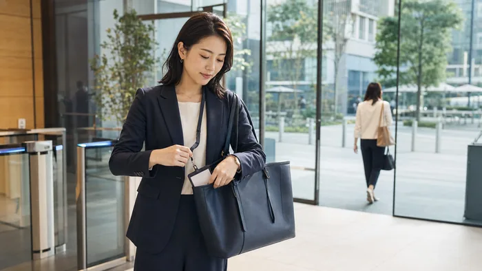 オフィスロビーでランチ外出前に社員証をバッグへしまう日本の会社員