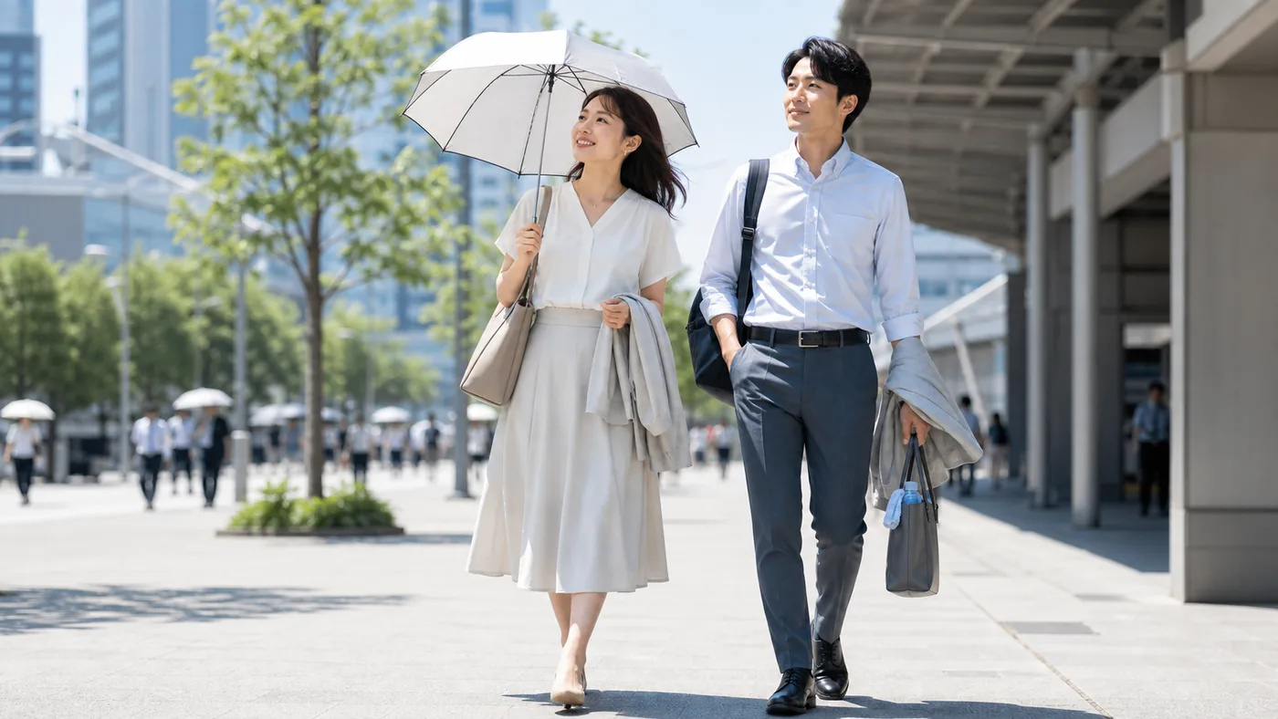 酷暑日の通勤服装と日傘を使う社会人の暑さ対策コーデ